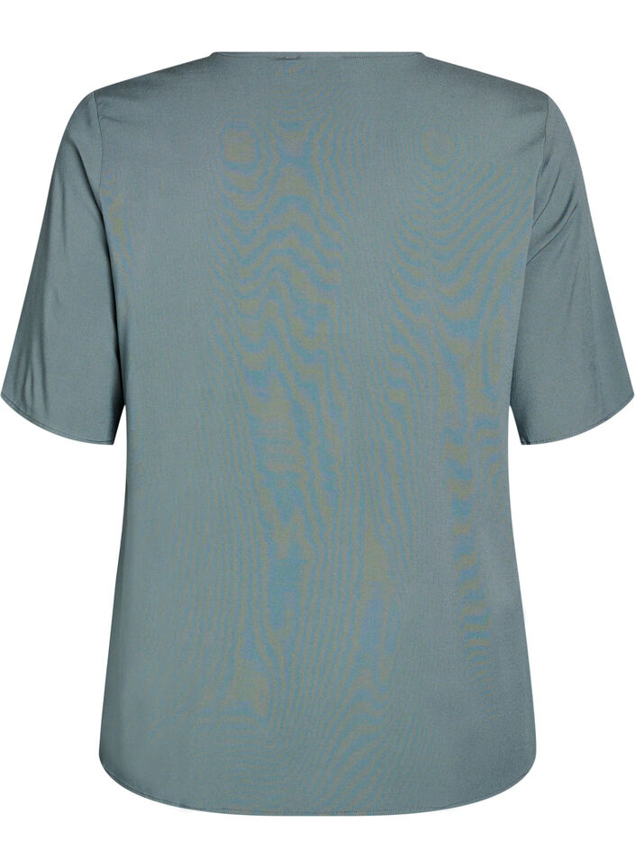 Kort&aelig;rmet v&aelig;vet bluse med rund hals, Gr&oslash;n, Packshot image number 1