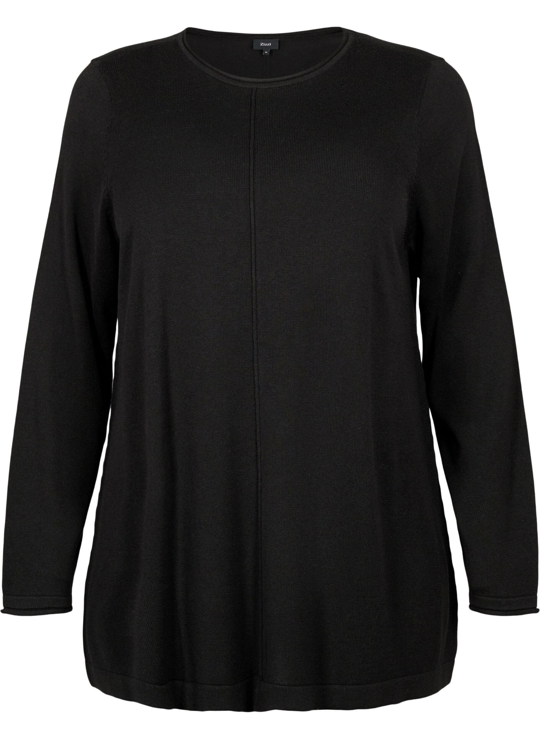 Zizzi Strikbluse i bomulds-viskosemix, Sort, Packshot image number 0