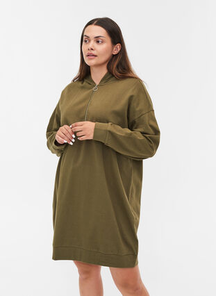 Sweatkjole med hætte og lynlås, Ivy Green, Model image number 0