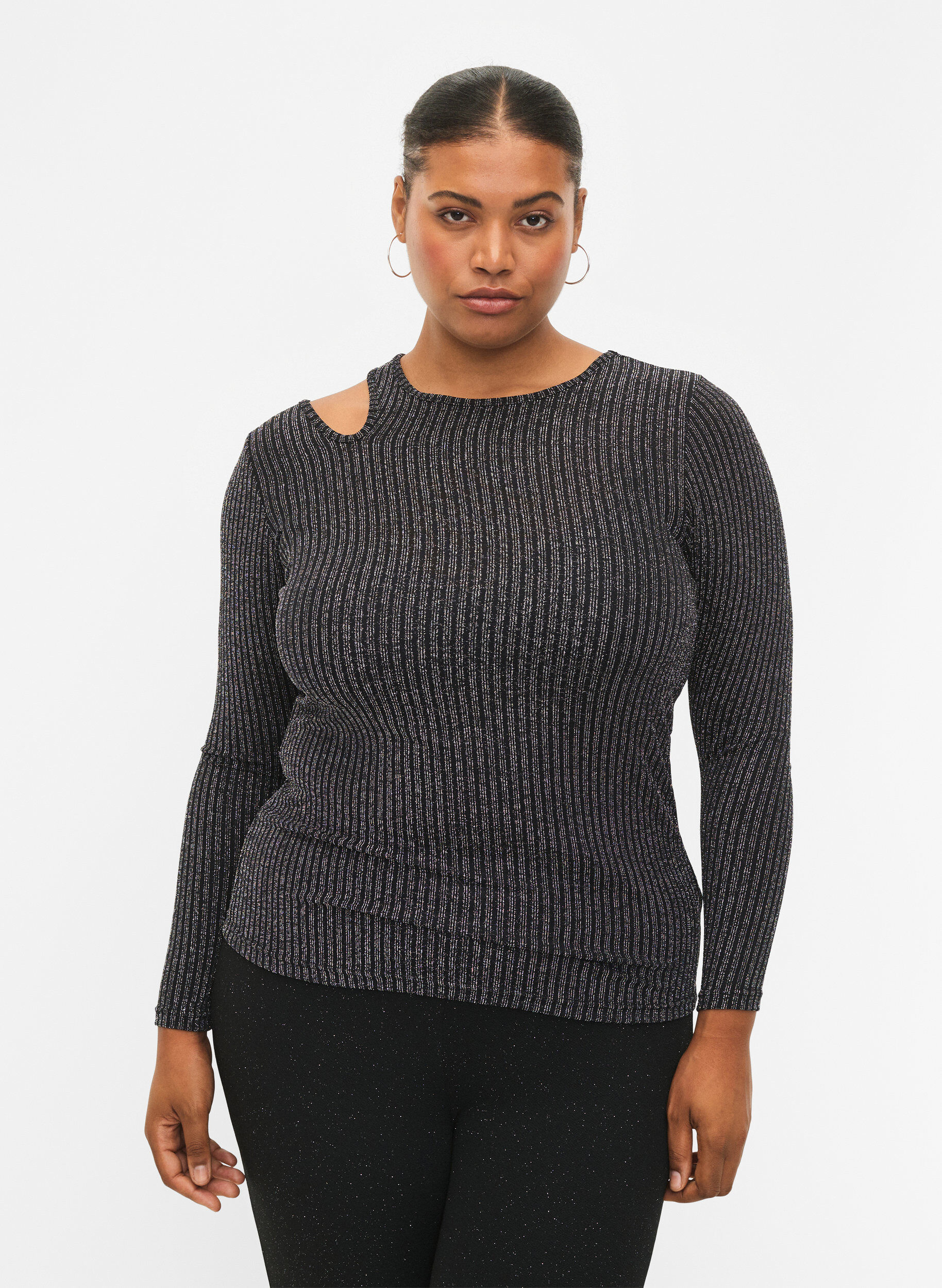 Zizzi Lang&aelig;rmet cut-out bluse med glitter, B. w. Silver Stripes, Model image number 0