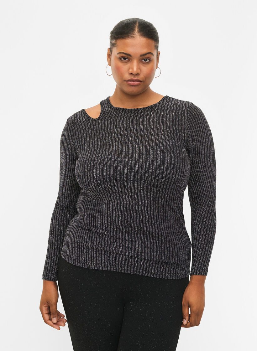 Langærmet cut-out bluse med glitter, B. w. Silver Stripes, Model image number 0