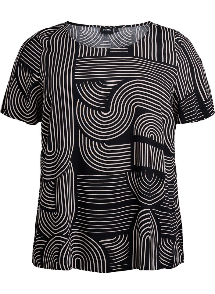 Kort&aelig;rmet bluse i viskose med print, Sort, Packshot image number 0