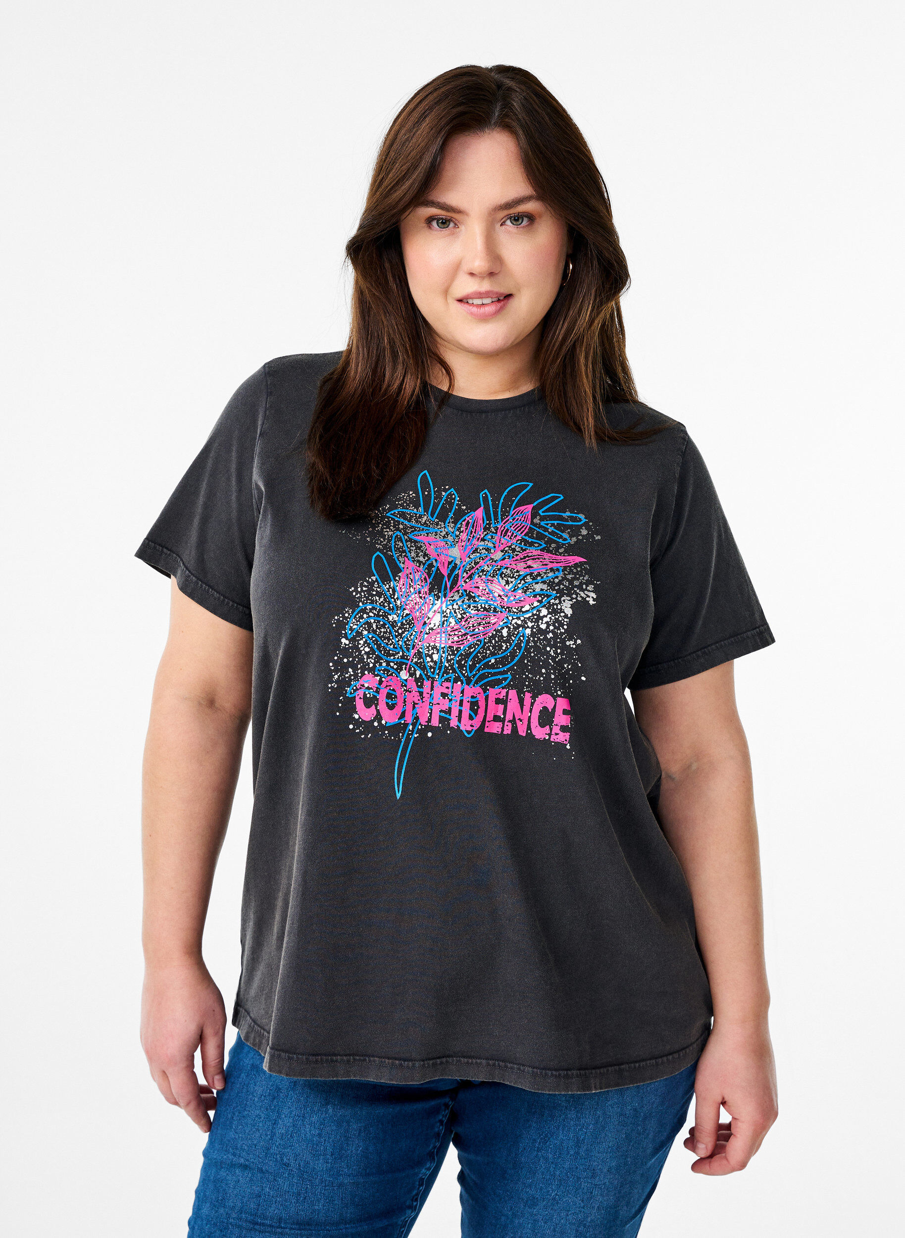 Zizzi T-shirt i &oslash;kologisk bomuld med cool motiv, Gr&aring;, Model image number 0