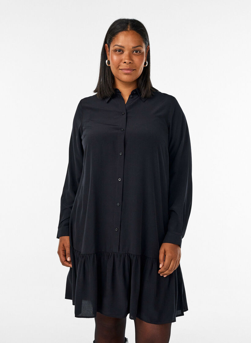 Kort skjortekjole med fl&aelig;selag, Sort, Model image number 0
