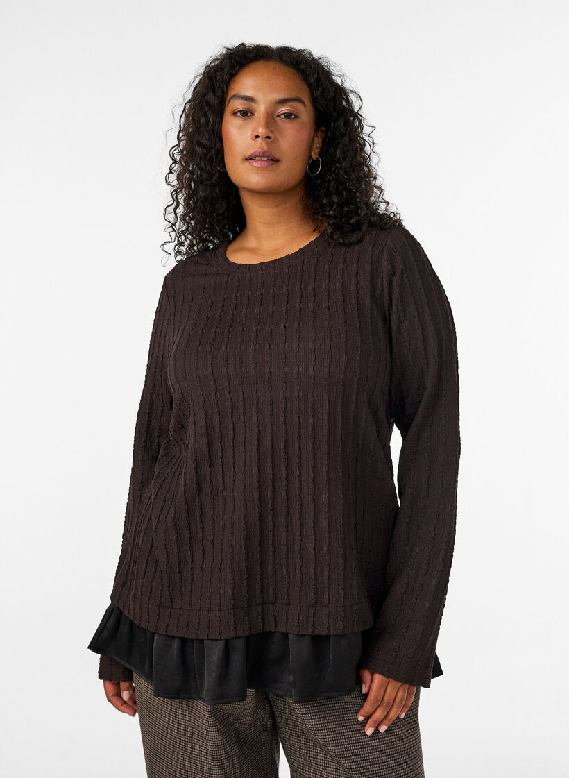 Struktureret bluse med fl&aelig;sekant, Brun, Model image number 0