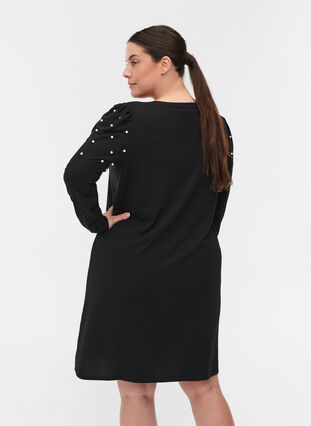 Kjole med lange pufærmer og perler, Black, Model image number 1