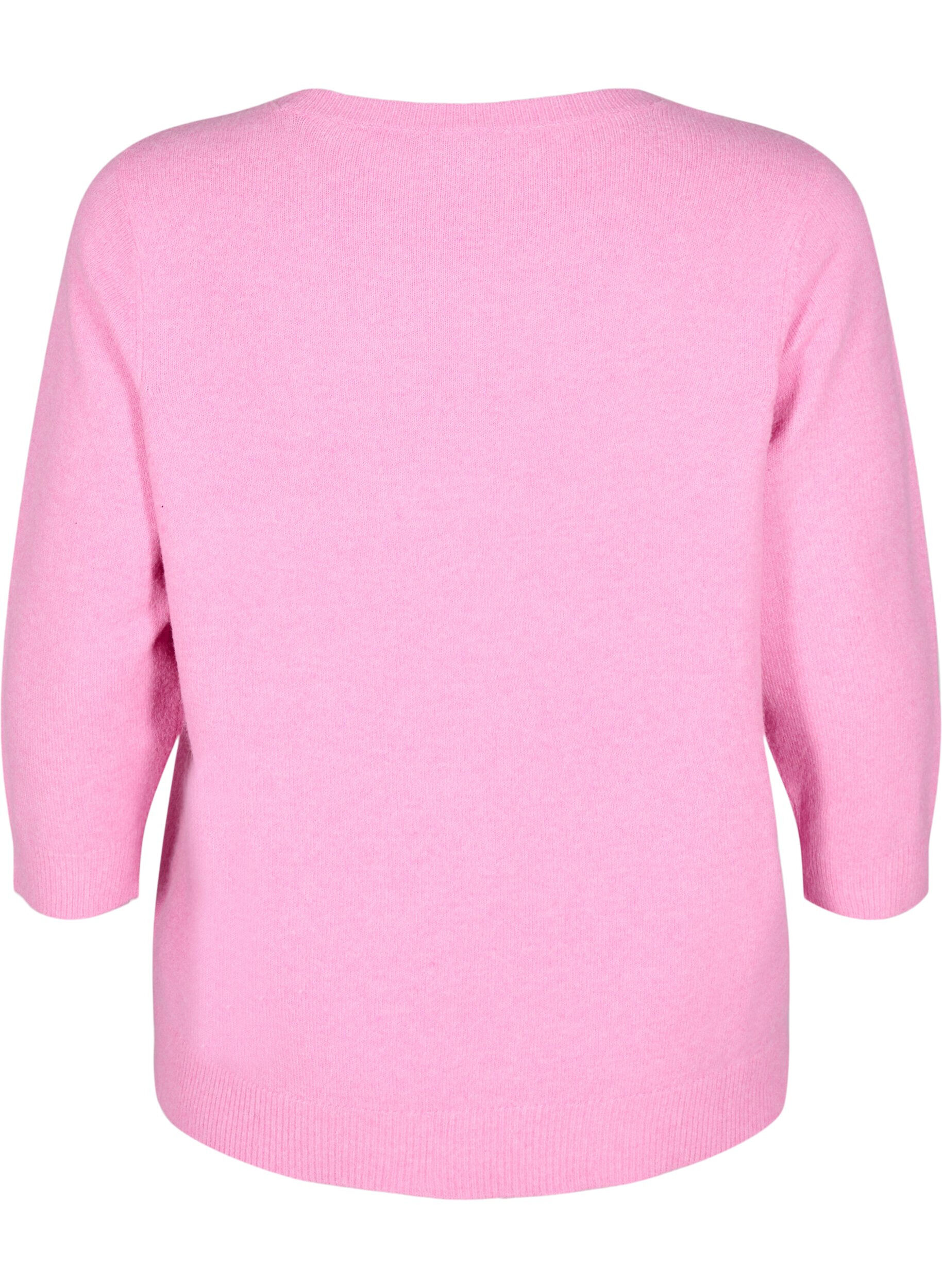 Zizzi Strikbluse med blomster og 3/4 &aelig;rmer, Begonia Pink Mel., Packshot image number 1