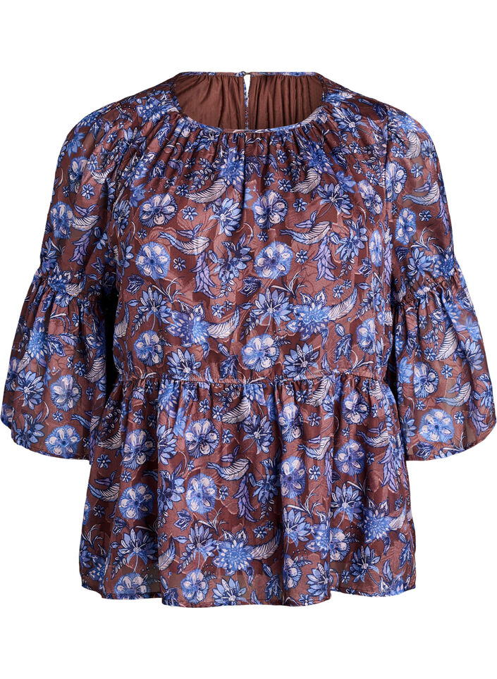Blomstret bluse med fl&aelig;se&aelig;rmer, Brun, Packshot image number 0