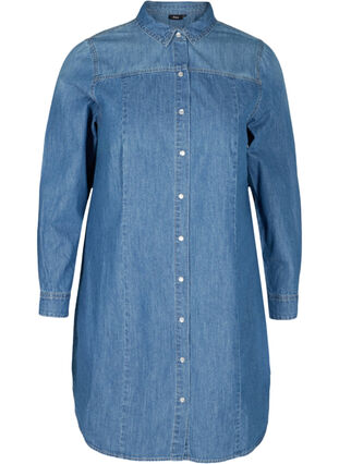 Lang denimskjorte i bomuld, Blue denim, Packshot image number 0