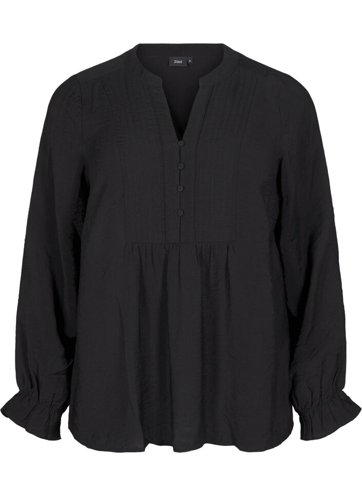 Langærmet bluse med V-udskæring, Black, Packshot image number 0