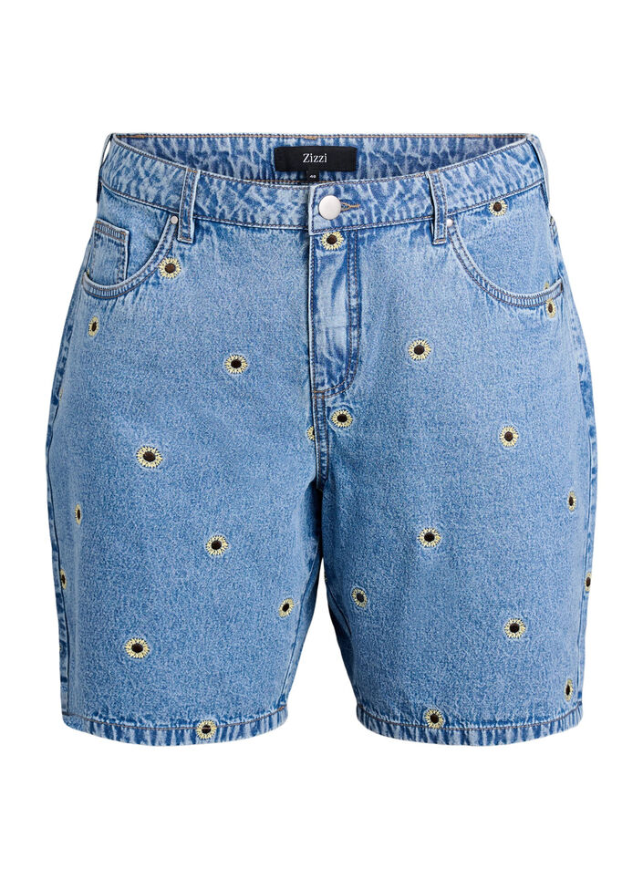 Denim shorts med broderede blomster, Blå, Packshot image number 0