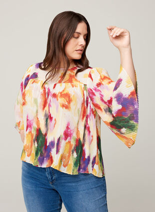 Plissé bluse med all-over print, Yellow comb AOP, Model image number 0