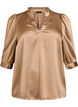 Bluse i satin-look med 1/2 &aelig;rmer og fl&aelig;sekrave, Brun, Packshot image number 0