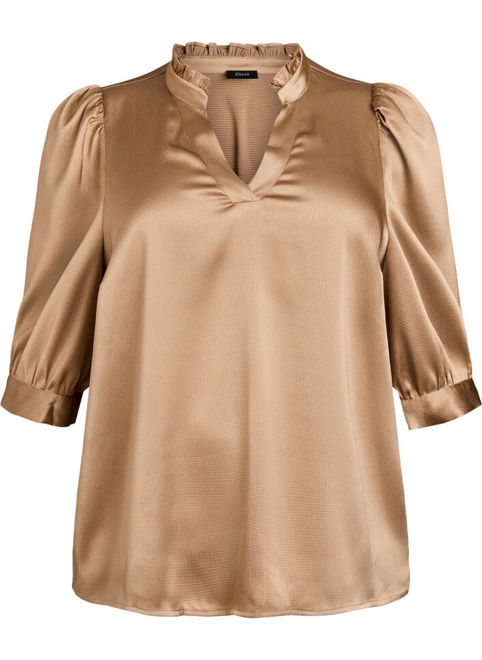 Bluse i satin-look med 1/2 &aelig;rmer og fl&aelig;sekrave, Brun, Packshot image number 0