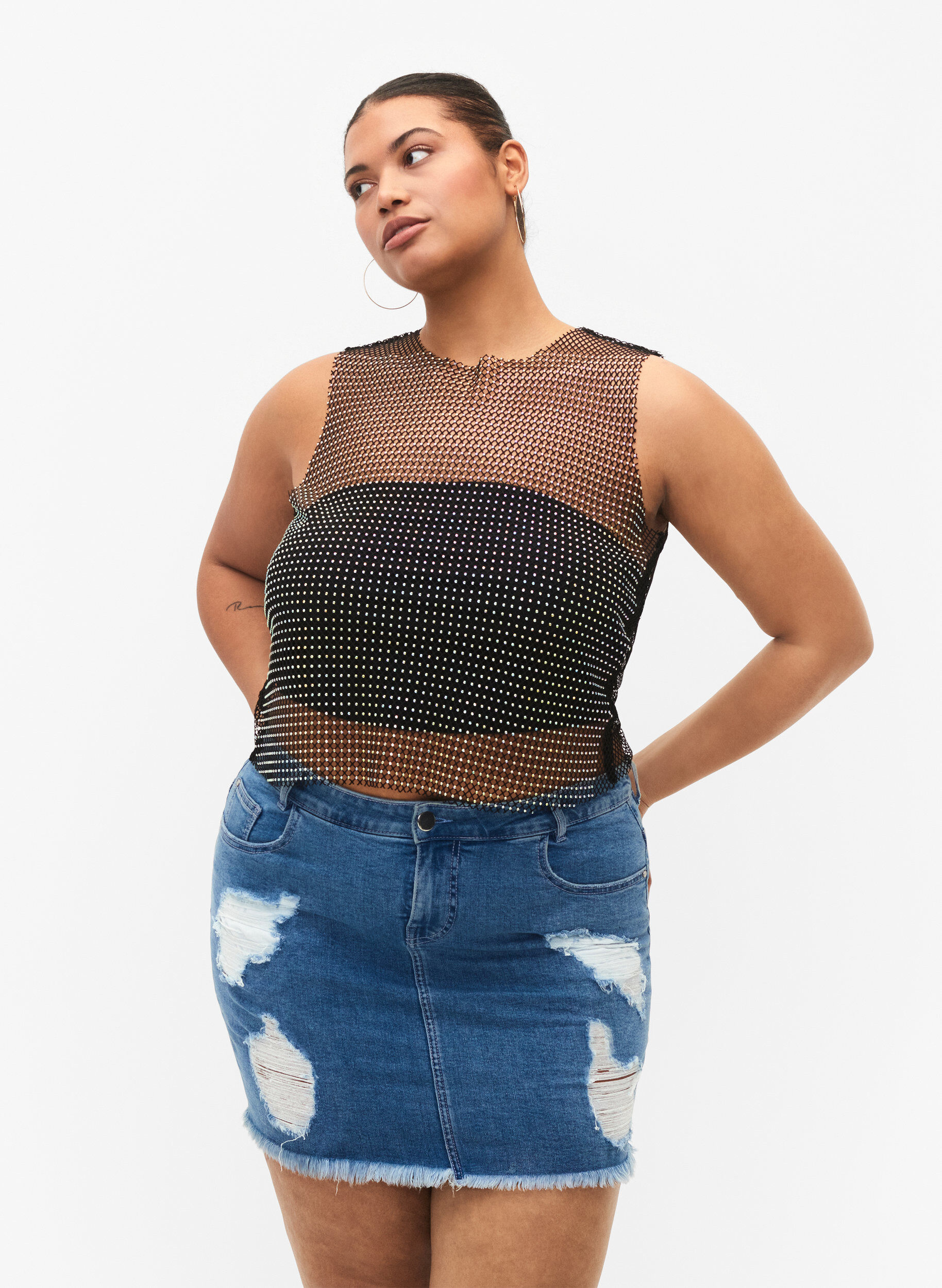 Zizzi T&aelig;tsiddende denim nederdel med slid, Blue denim, Model image number 0