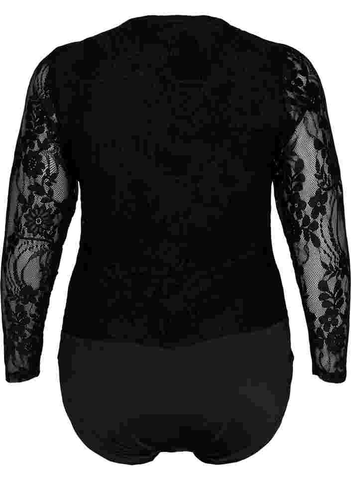 Bodystocking med blonder og lange ærmer, Black, Packshot image number 1