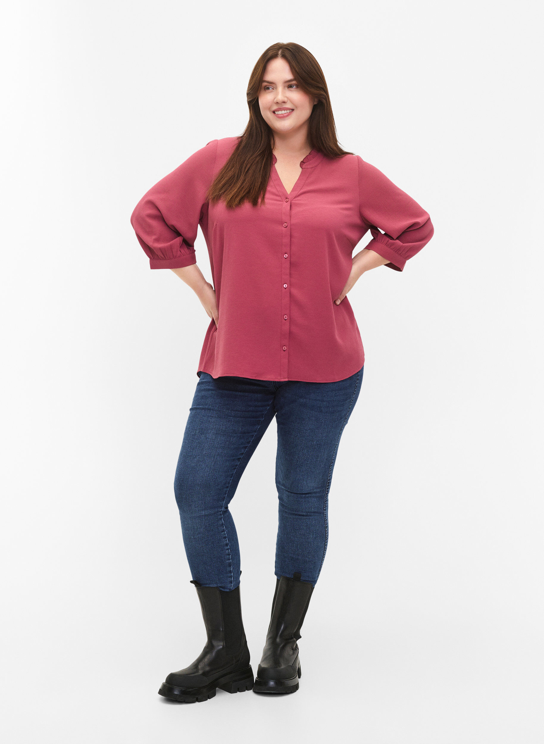 Zizzi Skjortebluse med 3/4 &aelig;rmer og fl&aelig;sekrave, Dry Rose, Model image number 2