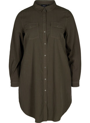 Lang bomuldsskjorte med brystlommer, Khaki Green, Packshot image number 0