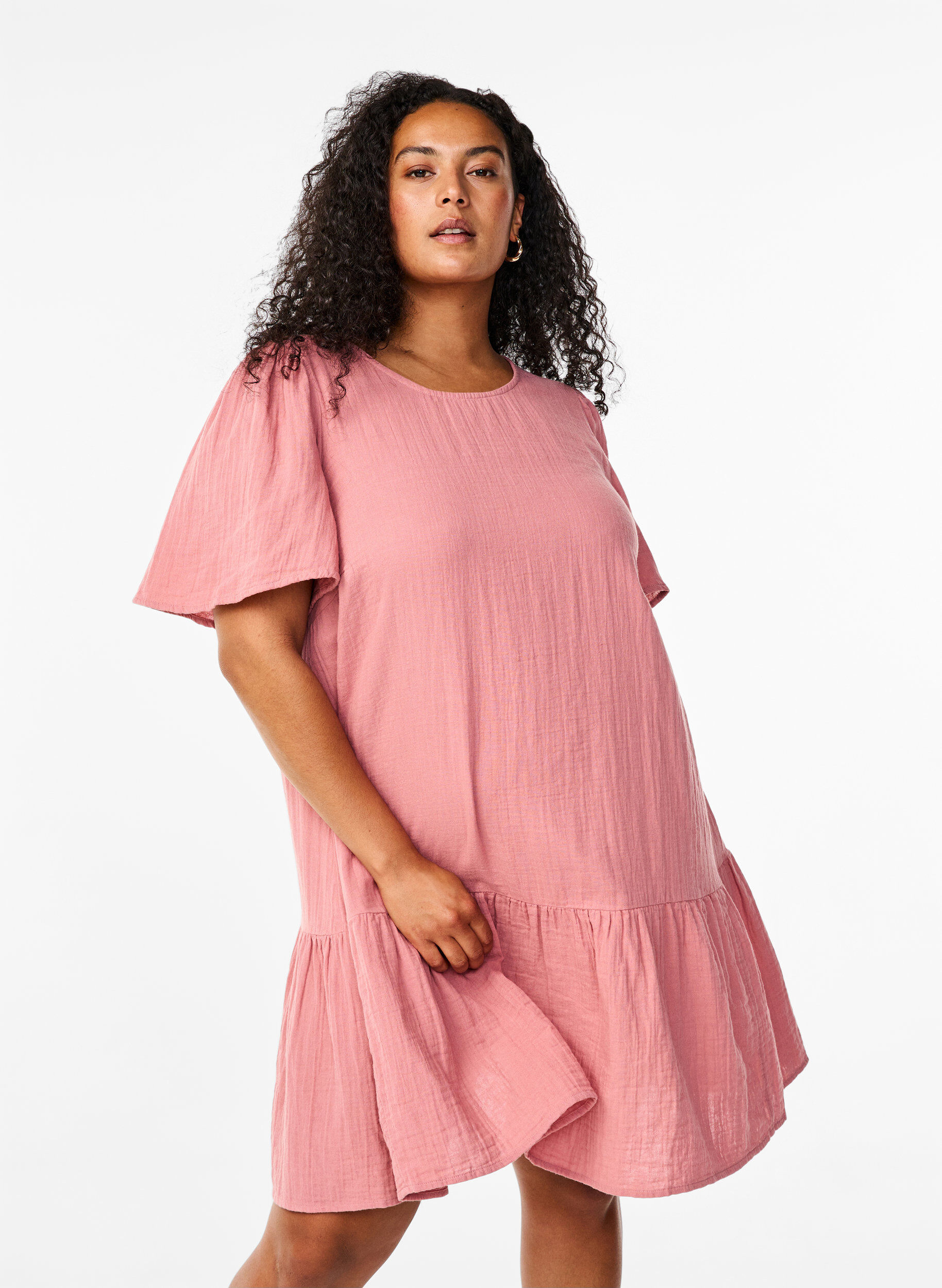 Zizzi Kort&aelig;rmet kjole i bomuld med a-snit, Old Rose, Model image number 0