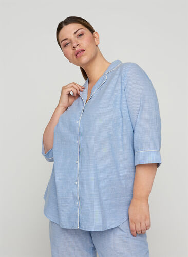 Stribet natskjorte i bomuld, White/Blue Stripe, Model image number 0