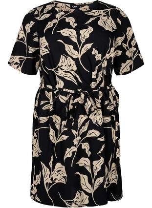 FLASH - Kortærmet kjole med bælte, Black Off White Fl., Packshot image number 0