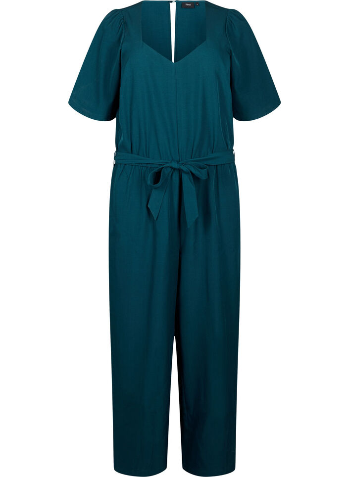 Jumpsuit med bælte og korte ærmer, Sea Moss Melange, Packshot image number 0