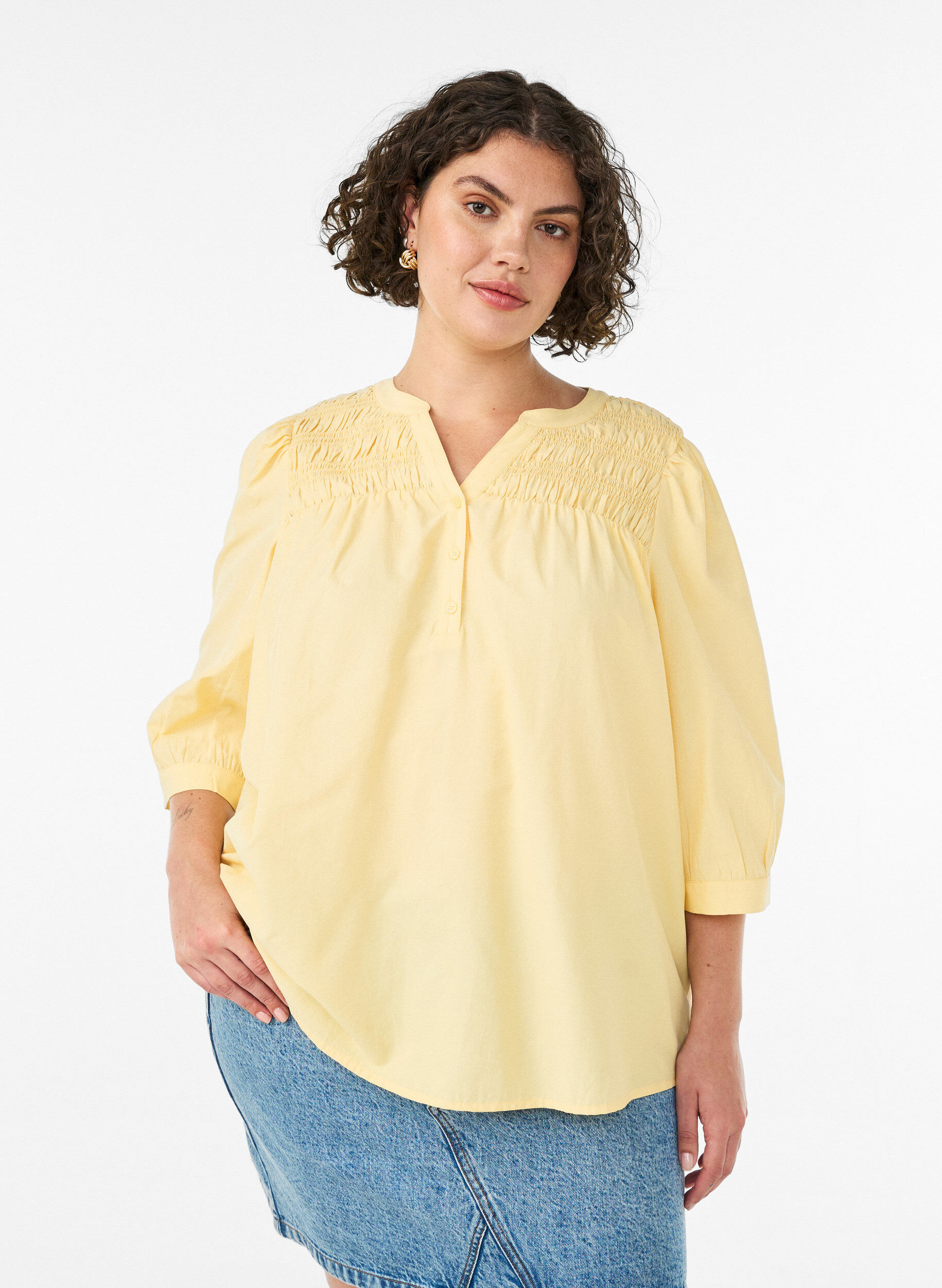Bluse med smock og 3/4-&aelig;rmer, Gul, Model