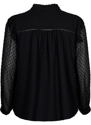 Skjortebluse med flæser og prikket tekstur, Black, Packshot image number 1