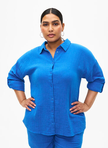 Skjorte med krave i bomuldsmusselin, Victoria blue, Model image number 0