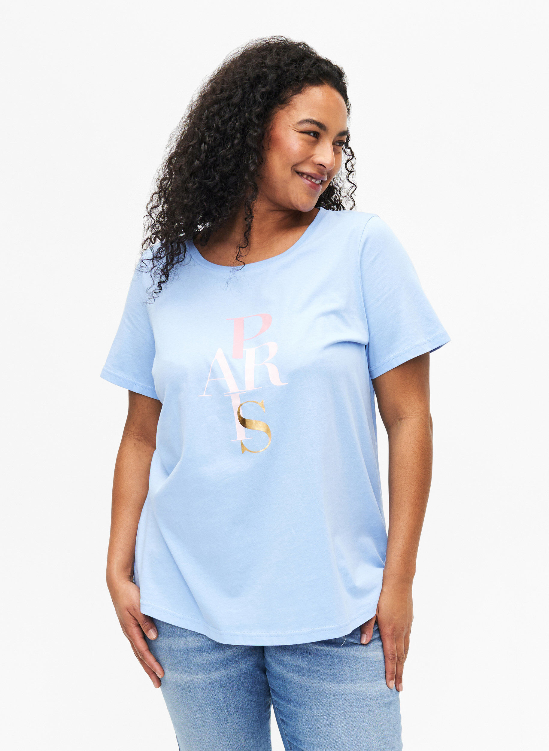 Zizzi Bomulds t-shirt med tekstprint, Serenity w. Paris, Model image number 0