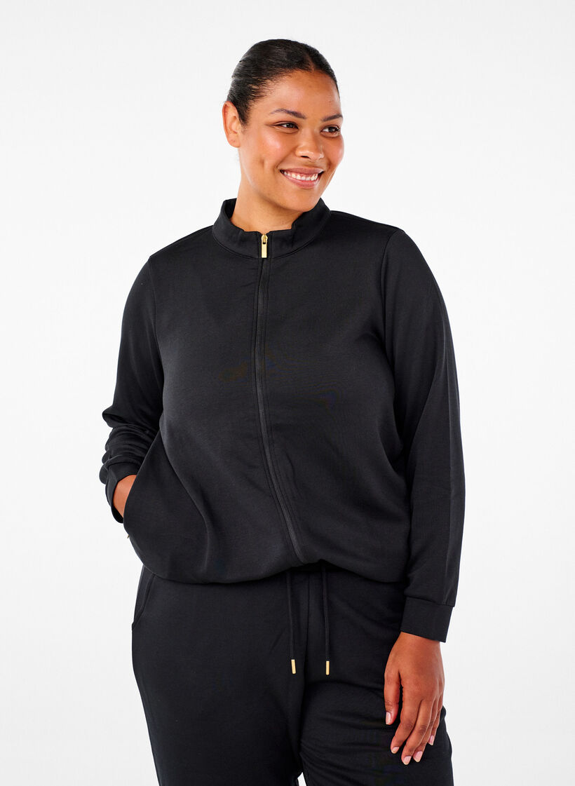 Sporty cardigan med lynlås og lommer, Black, Model image number 0