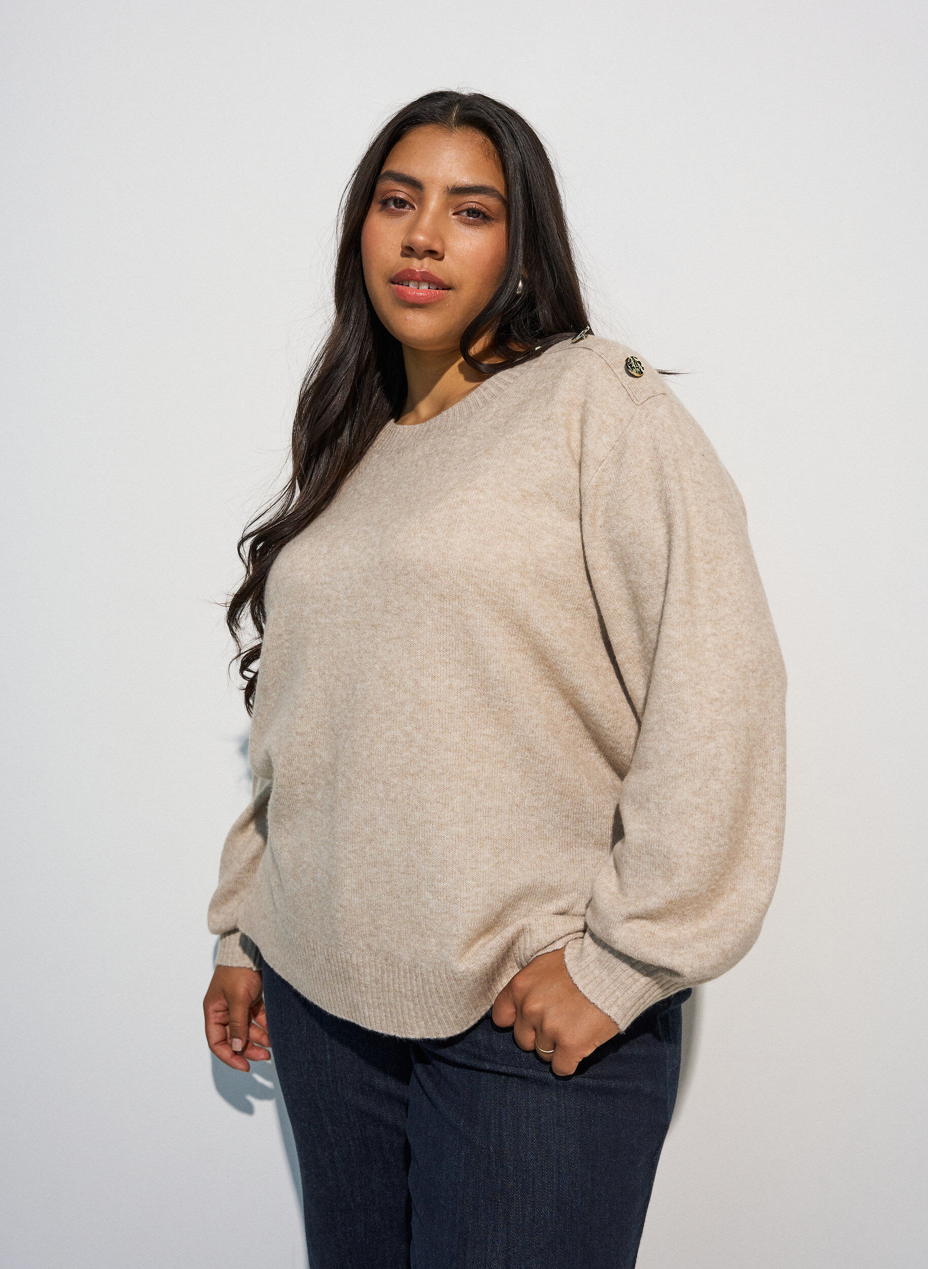 ZizziStrikbluse med knapdetalje, Beige, Model image number 0