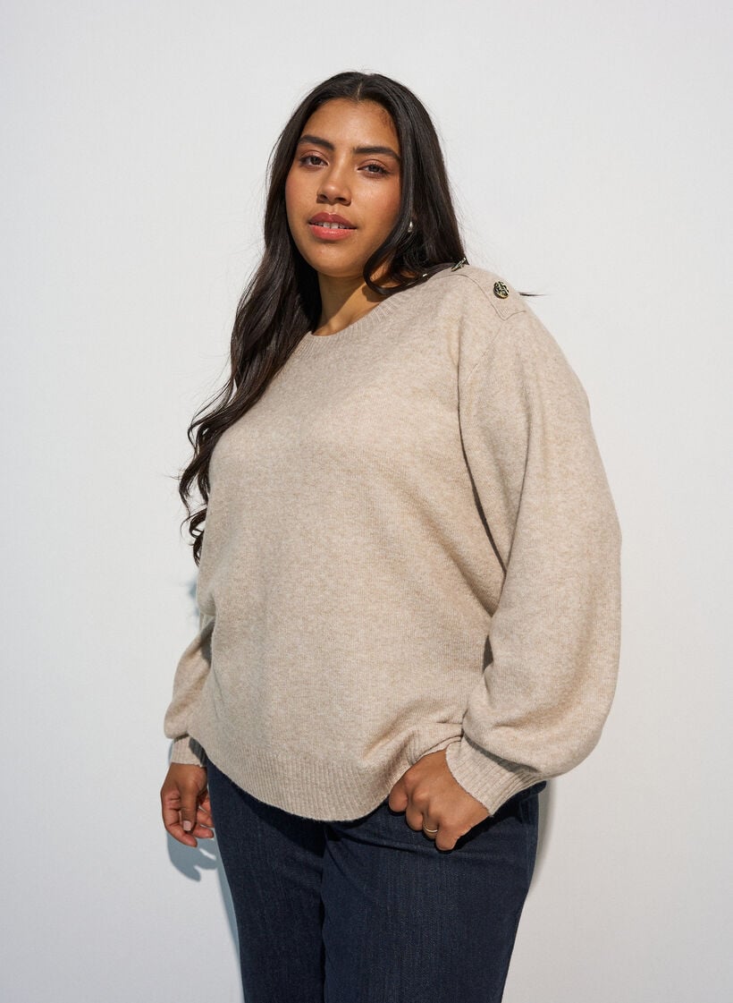 Strikbluse med knapdetalje, Beige, Model image number 0