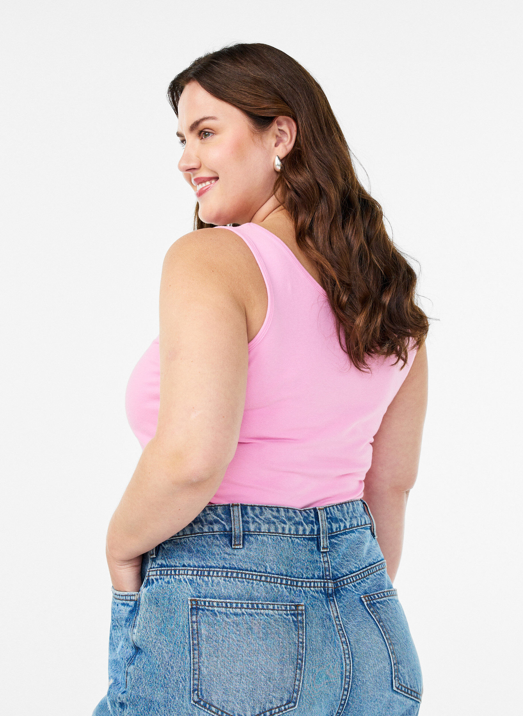 Zizzi Ensfarvet basis top i bomuld, Lyser&oslash;d, Model image number 2