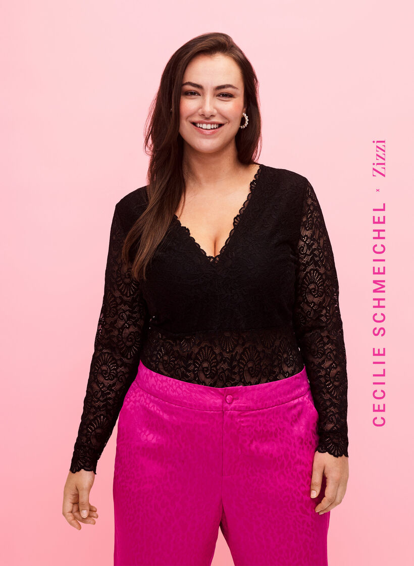 Langærmet blonde bodystocking med v-hals, Black, Model image number 0