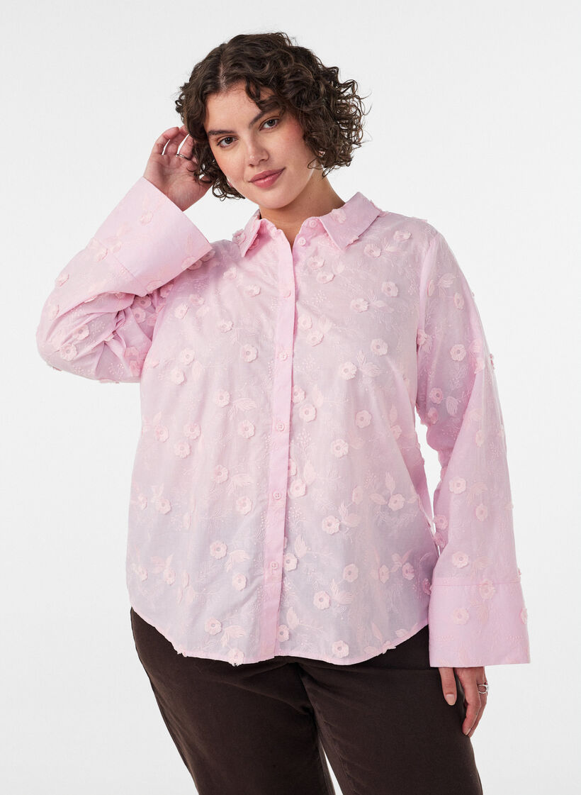 Skjorte med blomsterbroderi og brede &aelig;rmer, Lyser&oslash;d, Model image number 0
