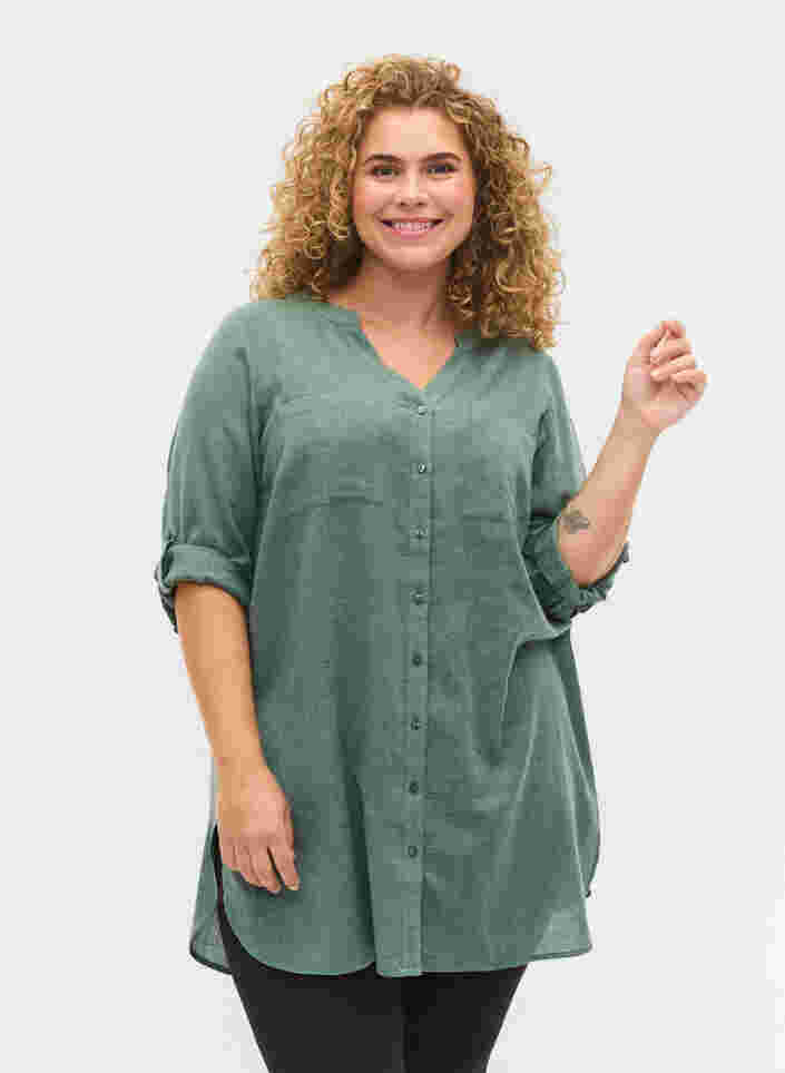 Lang skjorte med 3/4 ærmer og v-udskæring, Balsam Green, Model image number 0