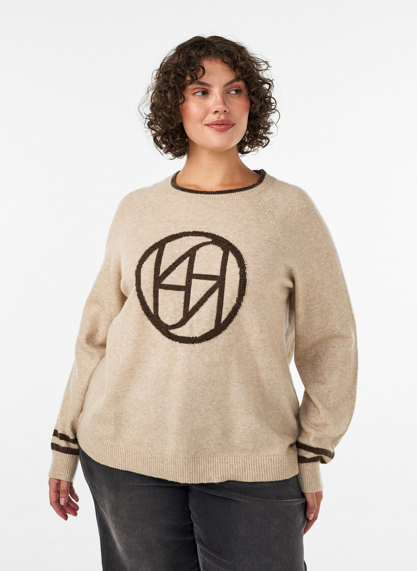 Strikbluse med logo og kontraststriber, Beige, Model image number 0