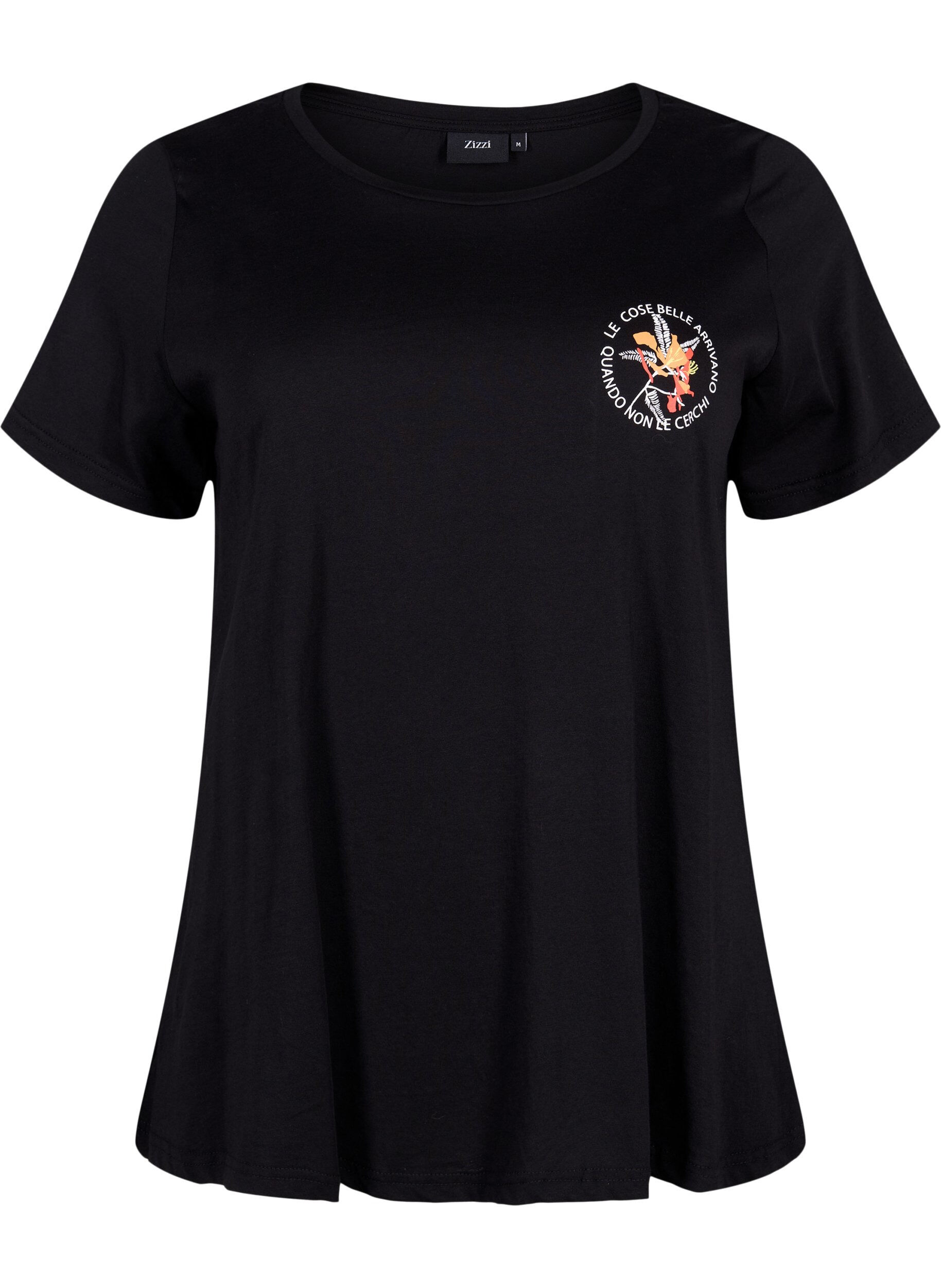 Zizzi Bomulds t-shirt med fronttryk, Black W. Chest print, Packshot image number 0