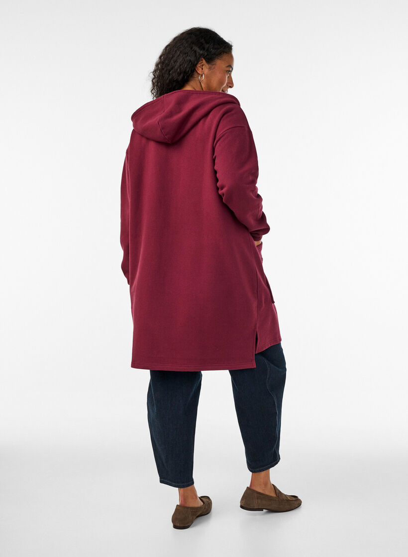 Lang hoodie-cardigan med lynl&aring;s, R&oslash;d, Model image number 2