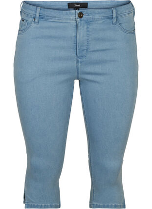Højtaljede capri jeans i bomuldsmix, Light blue denim, Packshot image number 0