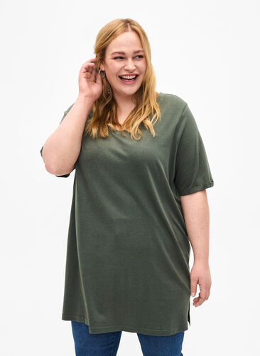 Ensfarvet oversize t-shirt med v-hals, Thyme, Model image number 0