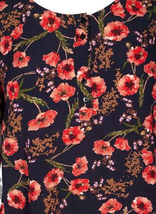 Blomstret viskose bluse med korte ærmer, Black Poppy Flower, Packshot image number 2