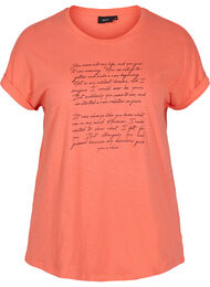 T-shirt med tryk i økologisk bomuld, Living Coral Text