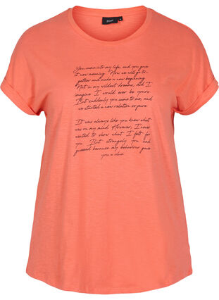 T-shirt med tryk i økologisk bomuld, Living Coral Text, Packshot image number 0