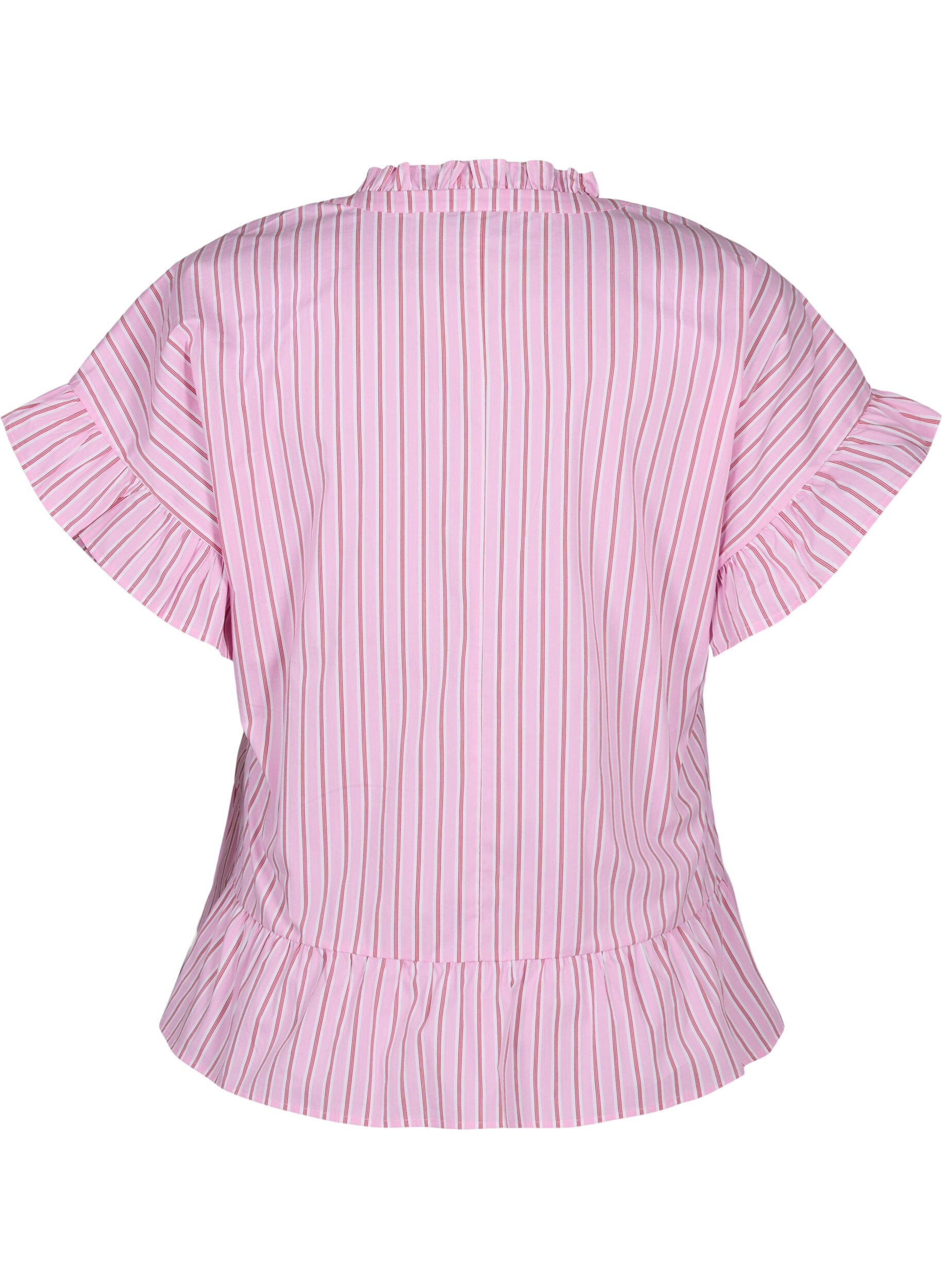 Zizzi Stribet bluse med peplum og fl&aelig;sedetaljer, Pink Red Stripe, Packshot image number 1