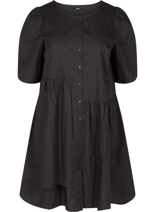 Bomulds skjortekjole med pufærmer, Black, Packshot image number 0