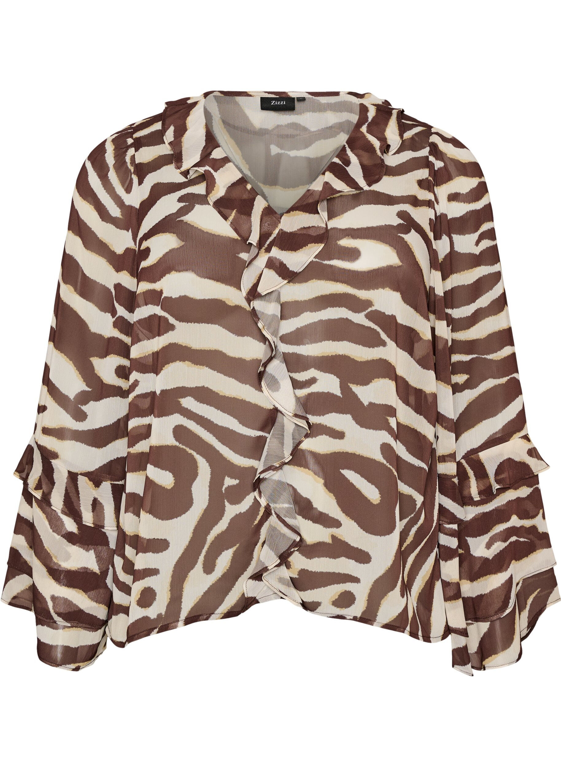 ZizziChiffonbluse med zebram&oslash;nster og fl&aelig;ser, Brun, Packshot image number 0