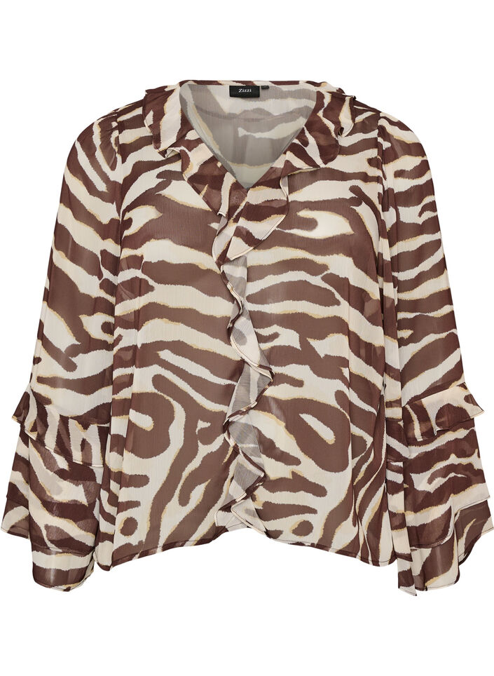 Chiffonbluse med zebram&oslash;nster og fl&aelig;ser, Brun, Packshot image number 0