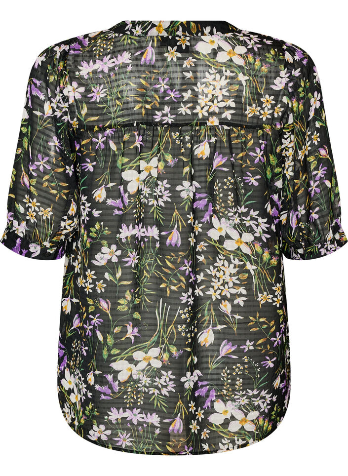 Bluse med blomsterprint og V-udsk&aelig;ring, Sort, Packshot image number 1